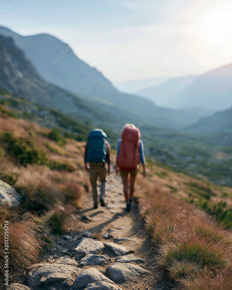 Obraz premium Two hikers walk uphill on a rocky trail. Mountains stretch wide in soft, golden light. Their backpacks are large and colorful. The path winds through dry grass and stones. They move together, peaceful