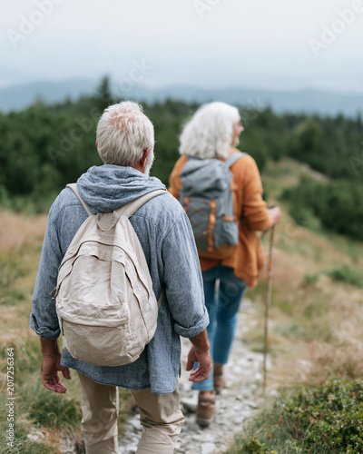 Two elderly hikers walk along a forest trail. They carry backpacks and use walking sticks. Misty mountains stretch behind them. Their relaxed pace suggests peaceful enjoyment