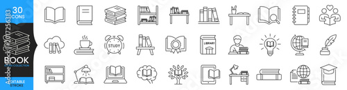 Book Line Icon Set, Education Outline Icons Vector, Library Study Learning Symbols, Editable Stroke School Book Collection