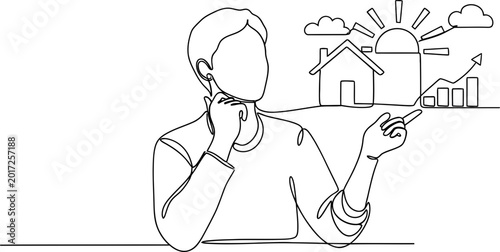 Obraz na plátně Man contemplating homeownership and financial growth, continuous line art