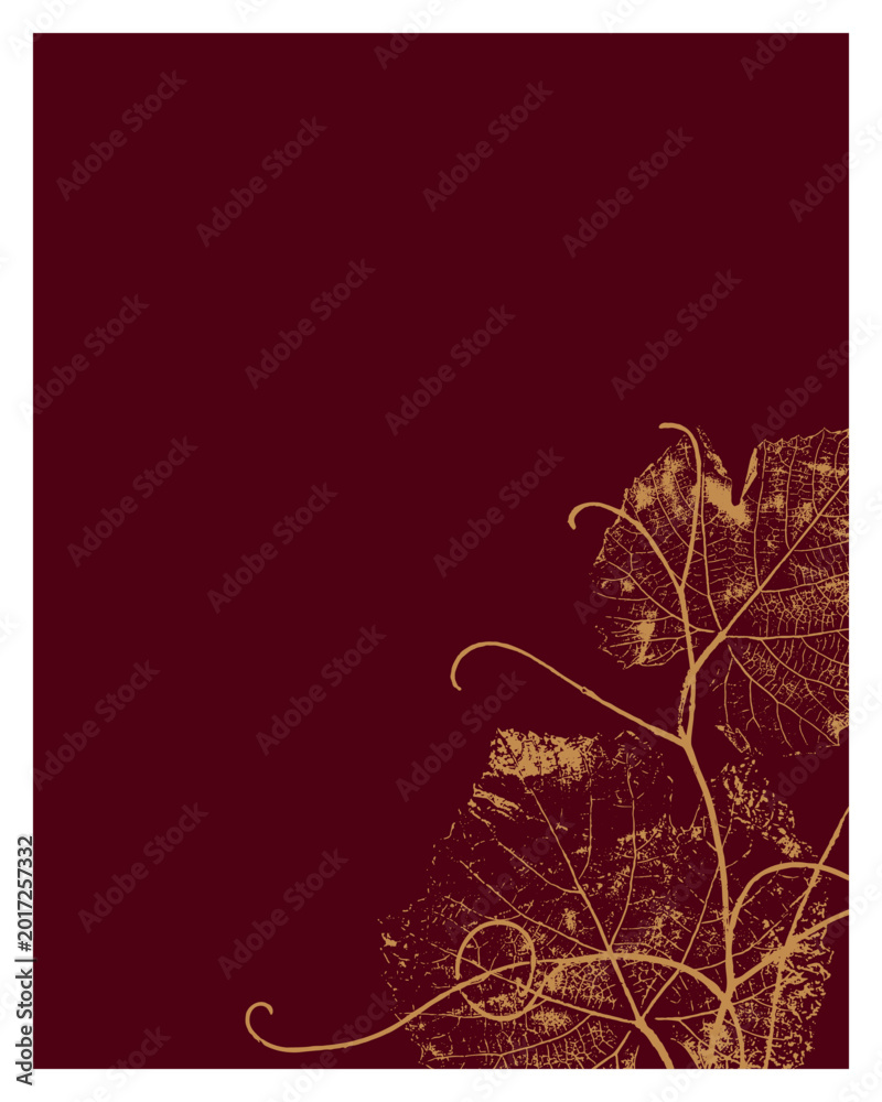 Fototapeta premium Elegant golden grape vine silhouette on maroon background for winery branding and high-end restaurant menu design