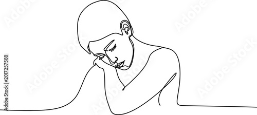 Foto Abstract line drawing of a pensive person resting head on hands, minimalist art,