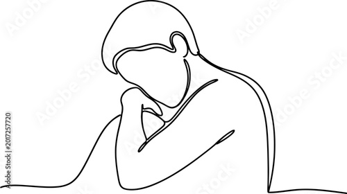 Quadro su tela Minimalist continuous line drawing of a pensive person resting chin on hand, sol