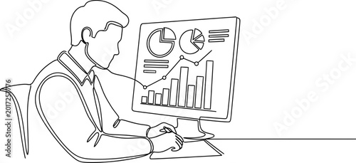 Tableau sur toile Man analyzing financial charts on computer screen, continuous line drawing