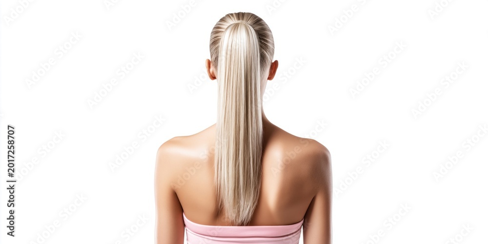 Naklejka premium Back view of a woman with blonde hair in a high ponytail, isolated on white