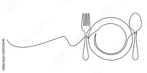 Schilderij op canvas Cutlery continuous line drawing, Editable line art vector illustration