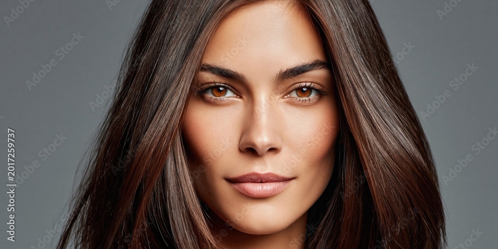 Fototapeta premium Beautiful woman with long, dark brown, straight hair and warm brown eyes