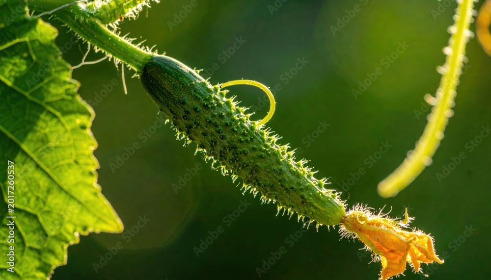 Fototapeta premium Cucumber plant with green fruit growing.