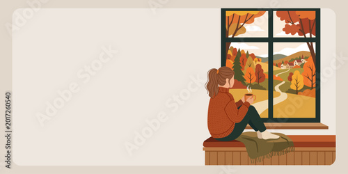 Valokuva Woman sitting on window sill with cup of hot beverage looking at autumn landscape