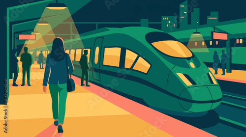 Fotografie Modern train at illuminated station platform with passengers at night