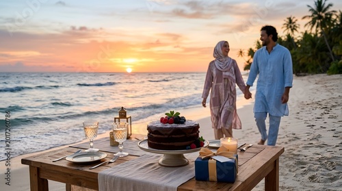 Couple celebrating with a chocolate cake on a tropical beach at sunset, tropical