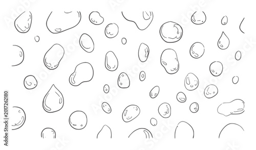 Quadro su tela Hand drawn water droplets and blobs scattered across white liquid fluid