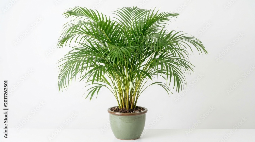 Fototapeta premium Potted areca palm plant in green ceramic pot on white background