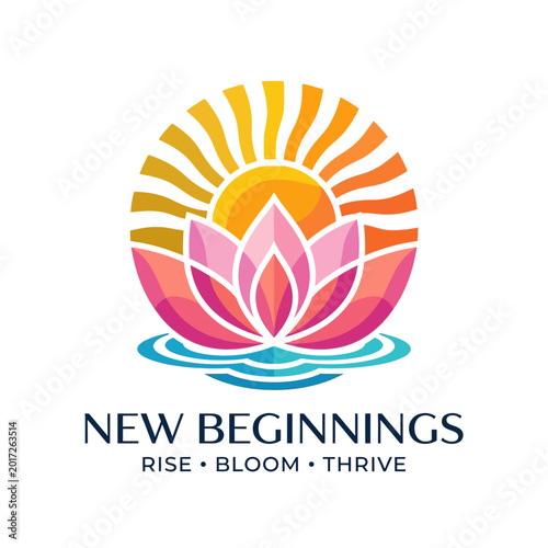 A vibrant logo featuring a blooming pink and purple lotus flower on blue water with a radiant yellow and orange sun rising behind it
