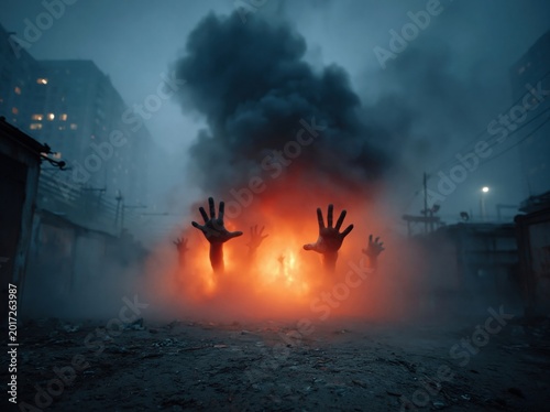 Eerie hands reaching from fiery smoke in a dark urban scene
