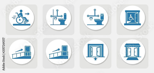 Set of blue accessibility icons for disabled housing including wheelchair ramps, accessible toilets, elevators, and wide entrance doors for inclusive design.