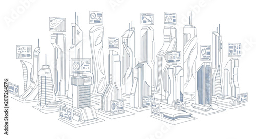 Architectural Blueprint of Generative AI Building Concepts, Technical Illustration of Algorithmic Structures and Computational Smart City Infrastructure