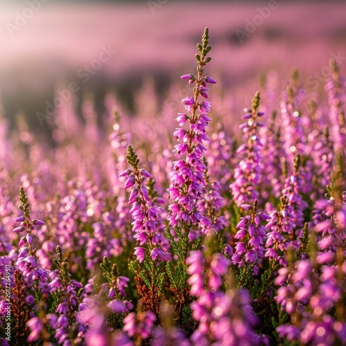 Macro shot of vibrant pink and purple heather flowers covering a vast moorland landscape under natural bright daylight, signifying the arrival of autumn, autumn, heathland, botany