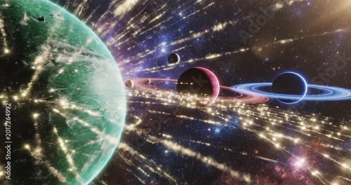 Vibrant cosmic scene depicting multiple planets in a colorful galaxy with light streaks