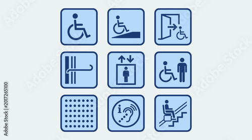 Set of blue geometric accessibility icons for disabled people including wheelchair ramp elevator and hearing assistance symbols