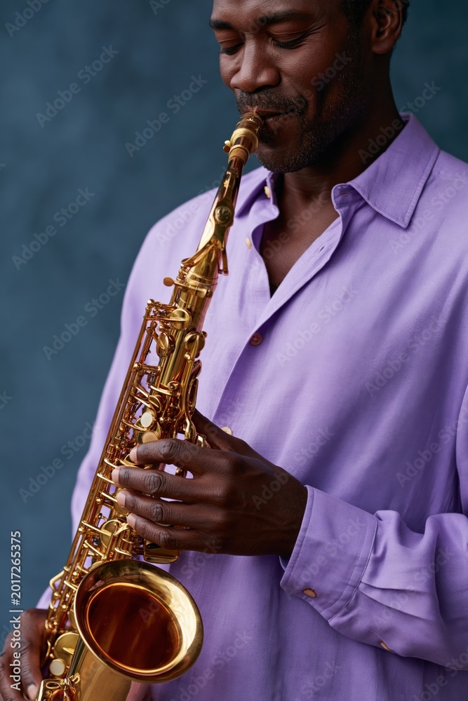 Fototapeta premium Closeup portrait of a saxophonist playing jazz with a gold saxophone for background and poster design
