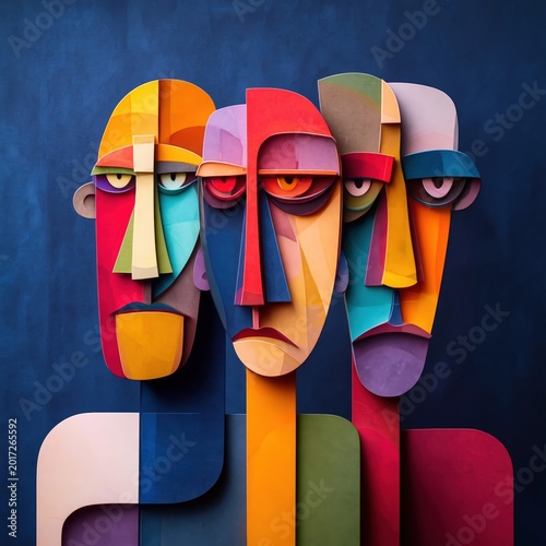 Vibrant geometric faces in abstract art composition