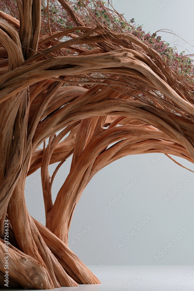 Fototapeta premium Abstract twisted wooden sculpture with flowing branches and small blossoms for natural installation design and gallery background