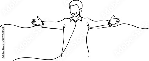 Schilderij op canvas Man with open arms in continuous line drawing style, embracing welcome