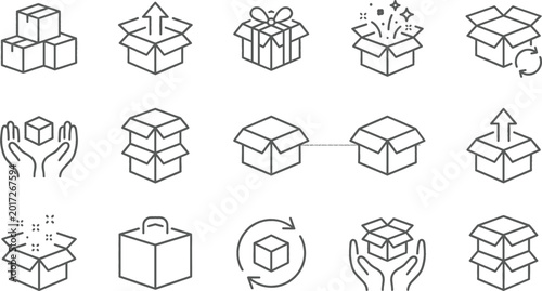 Schilderij op canvas Packaging and cardboard box outline icons collection featuring delivery storage