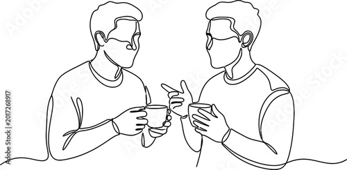 Foto Two men holding cups, engaged in conversation, continuous line art illustration