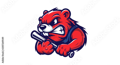 Billede på lærred Angry Red Beaver Mascot Holding Baseball Bat