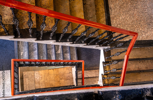 Top view of the staircase in the entrance of the old house.