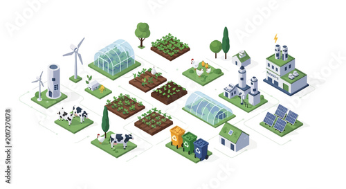 Isometric illustration of sustainable agriculture and renewable energy sources.