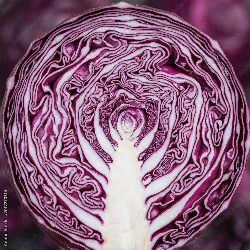 Obraz premium Close Up Spiral Pattern of Purple Cabbage Cross Section Revealed Under Bright Lighting