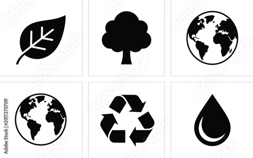 Bild auf Leinwand Minimalistic black and white silhouettes of leaf tree globe recycling symbol and