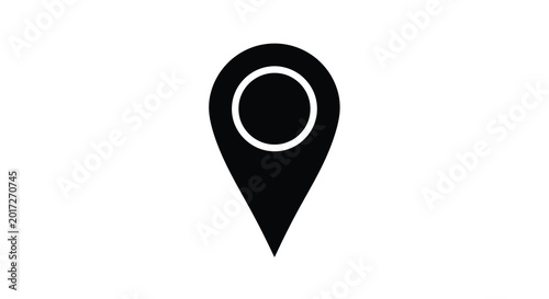 Black and white silhouette map pin icon with circular marker