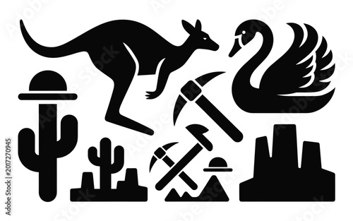 Tableau sur toile Bold black silhouettes of a kangaroo swan cacti mining tools and rocky mountains