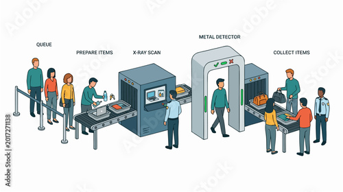 Minimalist 2d flat illustration style airport security screening process on a white background