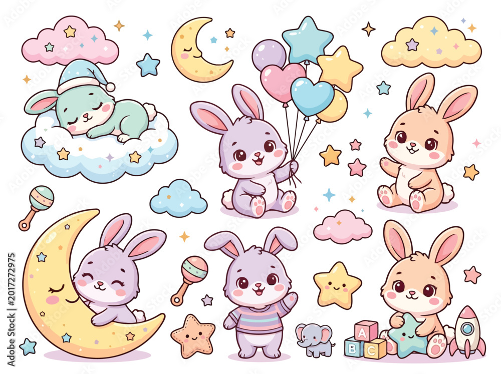 Fototapeta premium Cute cartoon rabbits and baby toys on with clouds stars and moon
