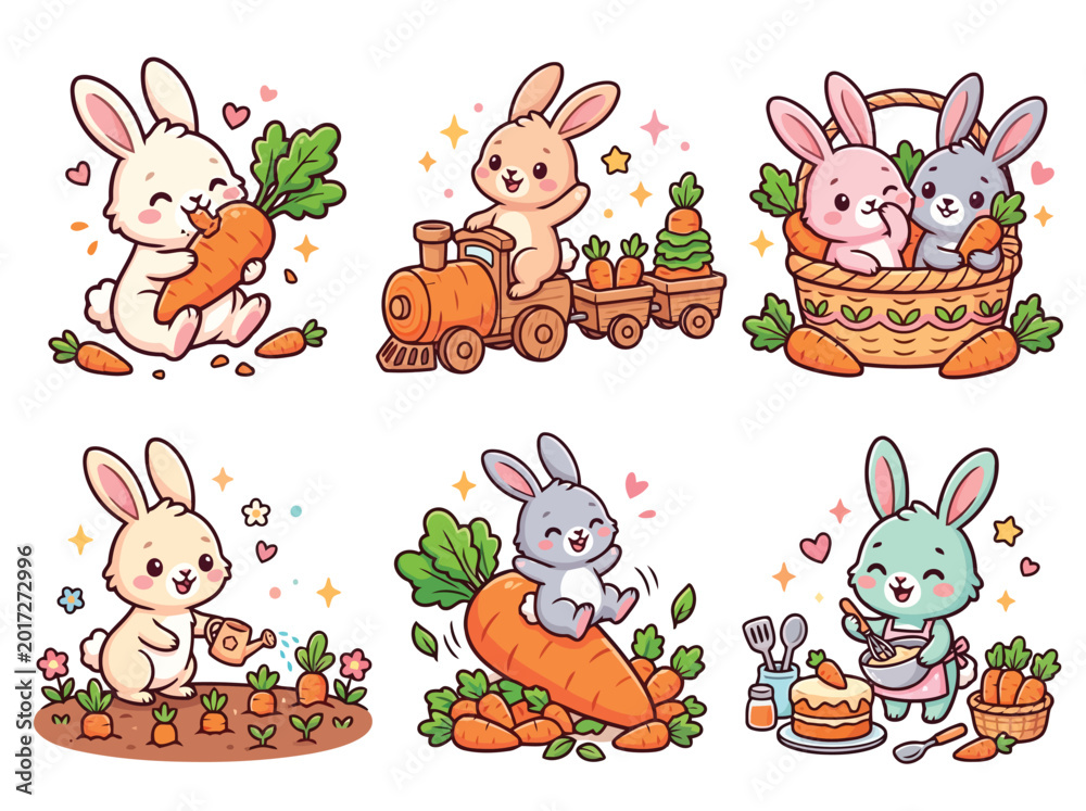 Naklejka premium Adorable cartoon rabbits enjoying carrots in various fun scenes