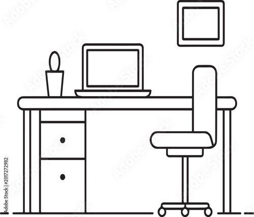 A modern workspace desk with a laptop and office chair is presented as a minimalist line icon isolated on a white background.