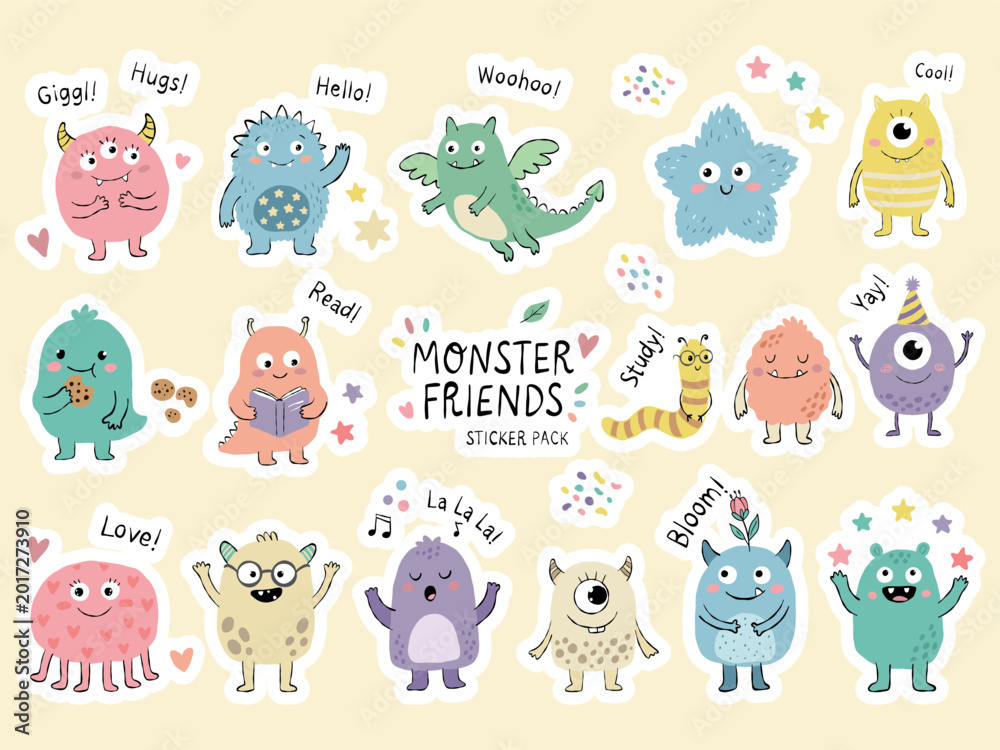 Obraz premium Monster friends sticker pack with cute characters and positive lettering