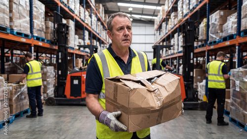 Warehouse worker holding damaged parcel in large distribution center during logistics and shipping operations representing supply chain damage handling and inventory management