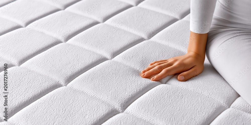 Fototapeta premium Close-up of a hand pressing into a soft, white mattress with a quilted grid pattern