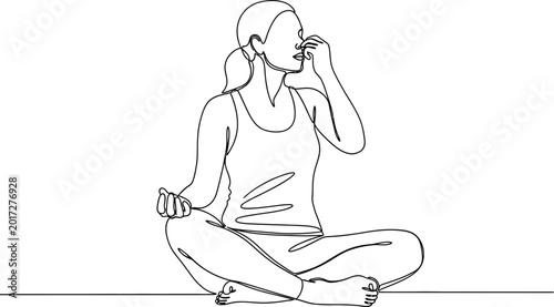 Photos Woman doing alternate nostril breathing (Nadi Shodhana) in meditative pose, minimalist line art