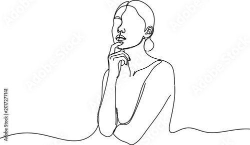 Tableau sur toile Minimalist line art of a pensive woman with hand on chin, elegant sketch, though