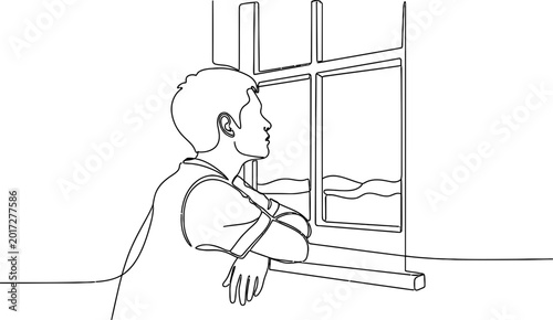 Quadro su tela Boy Gazing Out Window, Dreaming of Future Adventures