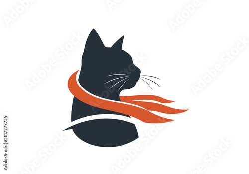 Black cat silhouette with blowing orange scarf minimalist design