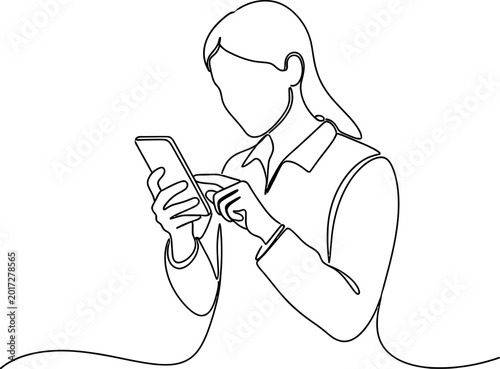 Fotografie Woman using smartphone, single line drawing, continuous line art, minimalist, cl
