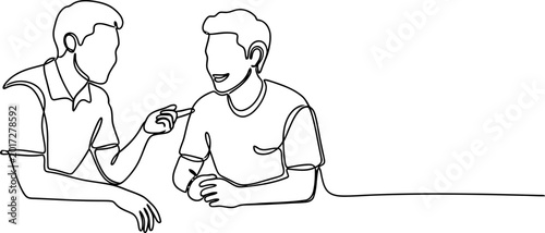 Two men talking, one pointing, continuous line art style